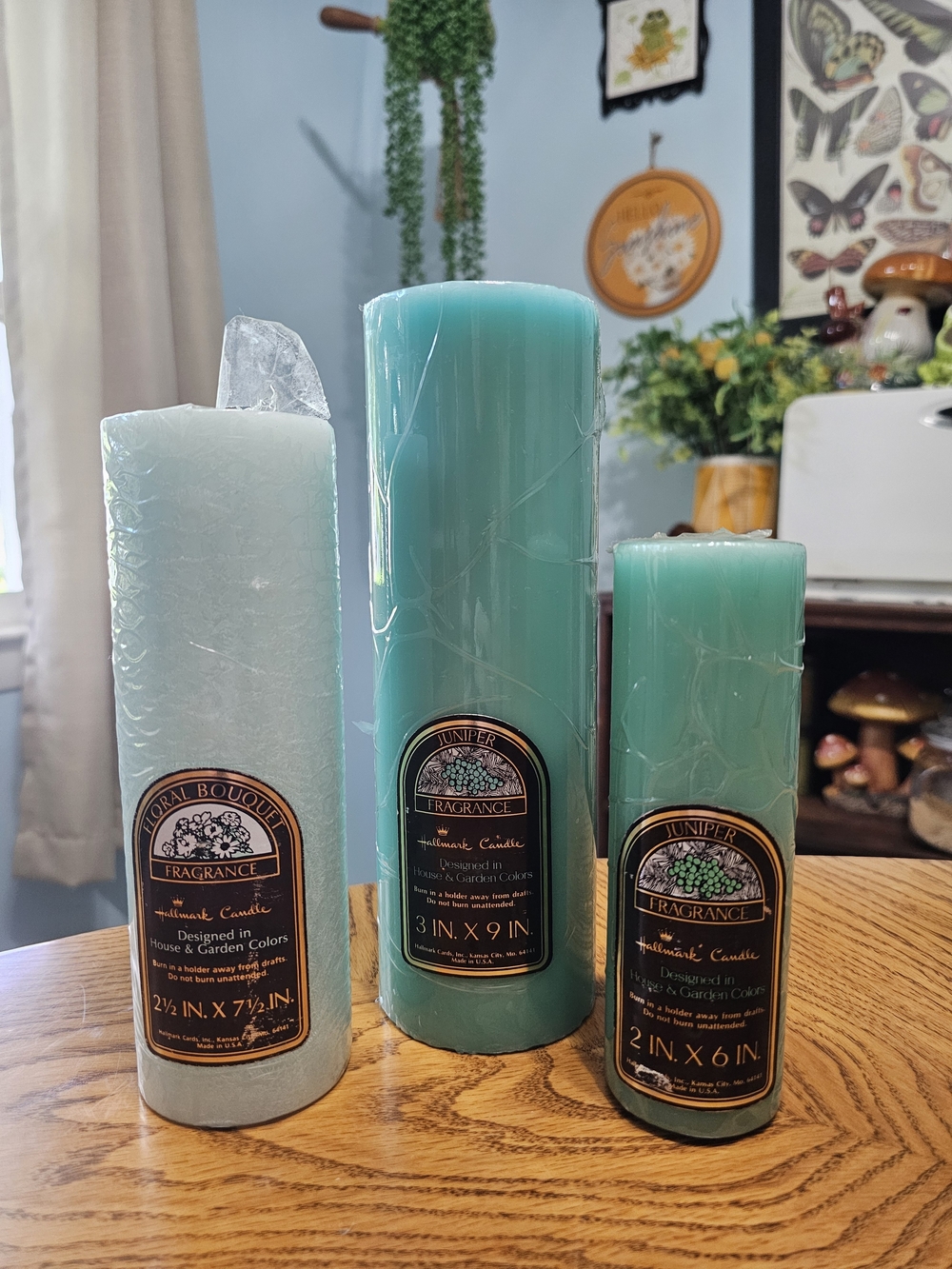 Vintage Hallmark Pillar Candles Trio Juniper Floral Bouquet Seafoam Green Blue